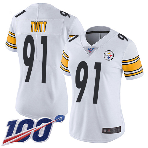 Women Pittsburgh Steelers Football #91 Limited White Stephon Tuitt Road 100th Season Vapor Untouchable Nike NFL Jersey->youth nfl jersey->Youth Jersey